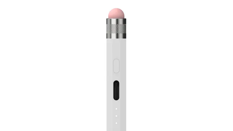 A close-up of a white stylus showing the power button, USB-C port, LED battery lights, and pink eraser cap A close-up of a white stylus showing the power button, USB-C port, LED battery lights, and pink eraser cap