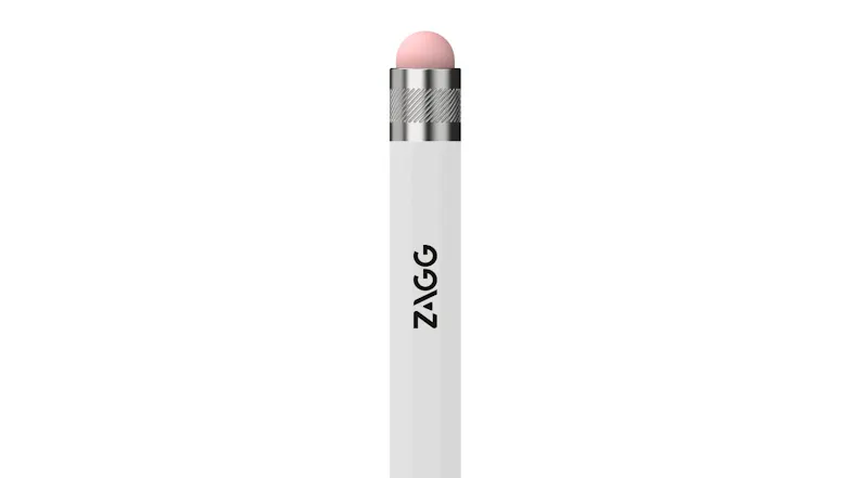 Detailed view of a white ZAGG stylus featuring a black logo, silver textured band, and pink top cap Detailed view of a white ZAGG stylus featuring a black logo, silver textured band, and pink top cap