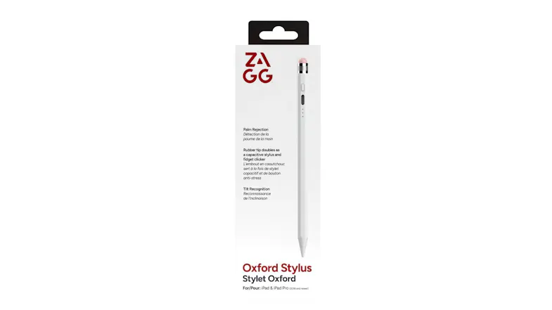 Front packaging for the ZAGG Oxford Stylus listing features like palm rejection and tilt recognition Front packaging for the ZAGG Oxford Stylus listing features like palm rejection and tilt recognition