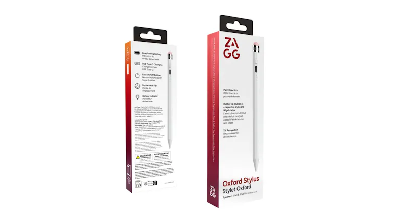 Back and front product packaging for the ZAGG Oxford Stylus highlighting key features and specifications Back and front product packaging for the ZAGG Oxford Stylus highlighting key features and specifications