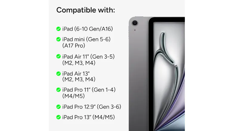 Compatibility chart showing the ZAGG stylus works with various iPad, iPad mini, Air, and Pro models Compatibility chart showing the ZAGG stylus works with various iPad, iPad mini, Air, and Pro models