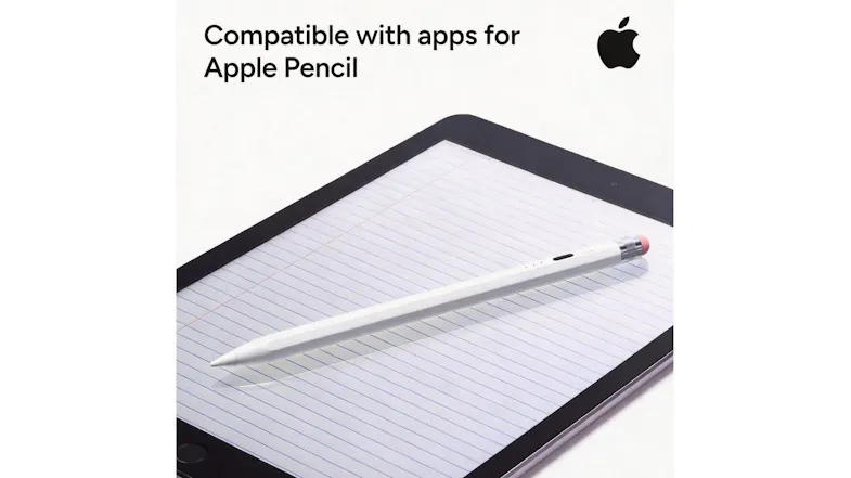 White ZAGG stylus resting on a lined digital notebook on an iPad screen under an Apple logo White ZAGG stylus resting on a lined digital notebook on an iPad screen under an Apple logo