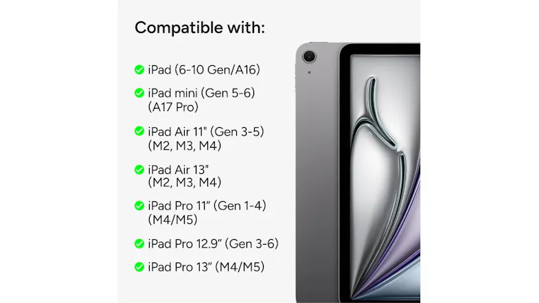 Compatibility checklist showing the ZAGG stylus is compatible with multiple iPad, Air, and Pro models Compatibility checklist showing the ZAGG stylus is compatible with multiple iPad, Air, and Pro models