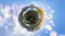 360-degree tiny planet effect of a person sitting in a grassy meadow near mountains and a winding stream 360-degree tiny planet effect of a person sitting in a grassy meadow near mountains and a winding stream