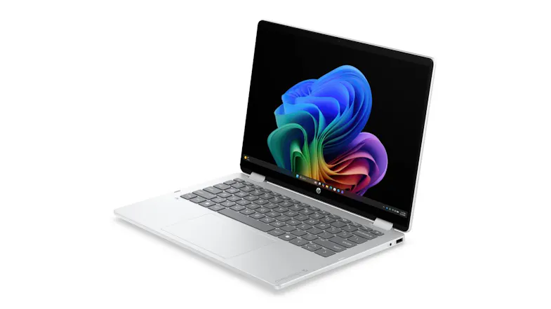 HP laptop in Glacier Silver viewed from the front-right angle, showcasing the thin-bezel display HP laptop in Glacier Silver viewed from the front-right angle, showcasing the thin-bezel display