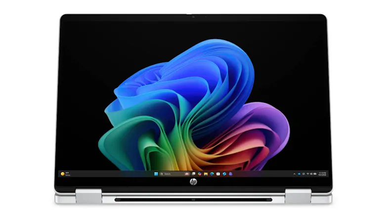 HP OmniBook 5 Flip 14-inch 2-in-1 laptop in Glacier Silver shown in laptop mode, featuring a touchscreen display HP OmniBook 5 Flip 14-inch 2-in-1 laptop in Glacier Silver shown in laptop mode, featuring a touchscreen display