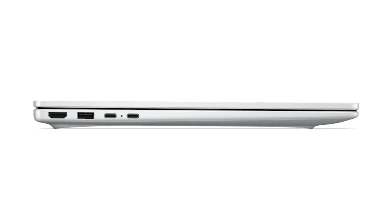 Left-side profile view of the laptop, displaying the slim design and multiple connectivity ports Left-side profile view of the laptop, displaying the slim design and multiple connectivity ports