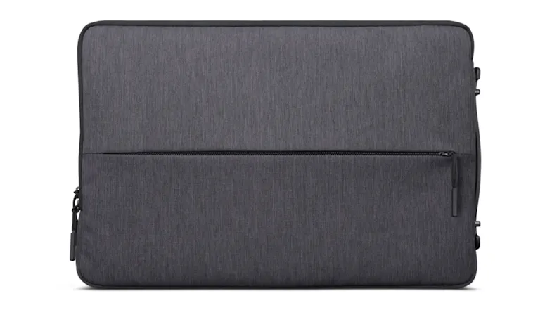 Front view of the charcoal grey fabric Lenovo Urban Sleeve Case for 14-inch laptops, featuring a front zip pocket and a slim, minimalist design Front view of the charcoal grey fabric Lenovo Urban Sleeve Case for 14-inch laptops, featuring a front zip pocket and a slim, minimalist design