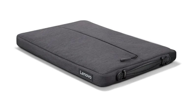 Angled view of a charcoal grey Lenovo laptop sleeve featuring a front pocket and attachment loops Angled view of a charcoal grey Lenovo laptop sleeve featuring a front pocket and attachment loops