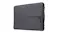 Three-quarter view of a charcoal grey fabric laptop sleeve with a front zip pocket and a slim profile Three-quarter view of a charcoal grey fabric laptop sleeve with a front zip pocket and a slim profile