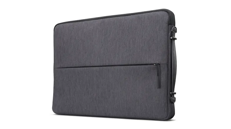 Three-quarter view of a charcoal grey fabric laptop sleeve with a front zip pocket and a slim profile Three-quarter view of a charcoal grey fabric laptop sleeve with a front zip pocket and a slim profile