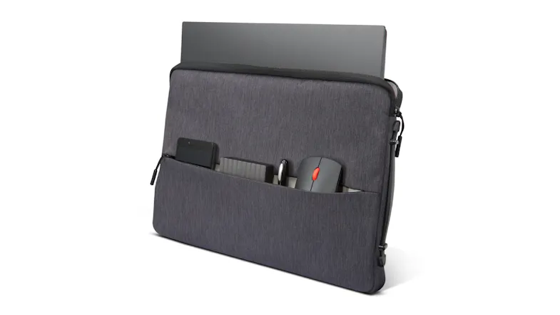 Charcoal grey laptop sleeve holding a laptop, phone, external drive, pen, and mouse in its front pocket Charcoal grey laptop sleeve holding a laptop, phone, external drive, pen, and mouse in its front pocket