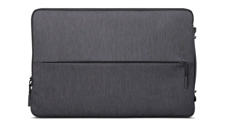 Front view of a charcoal grey Lenovo Urban Sleeve Case for 15.6-inch laptops, featuring a front zippered pocket and padded fabric exterior Front view of a charcoal grey Lenovo Urban Sleeve Case for 15.6-inch laptops, featuring a front zippered pocket and padded fabric exterior