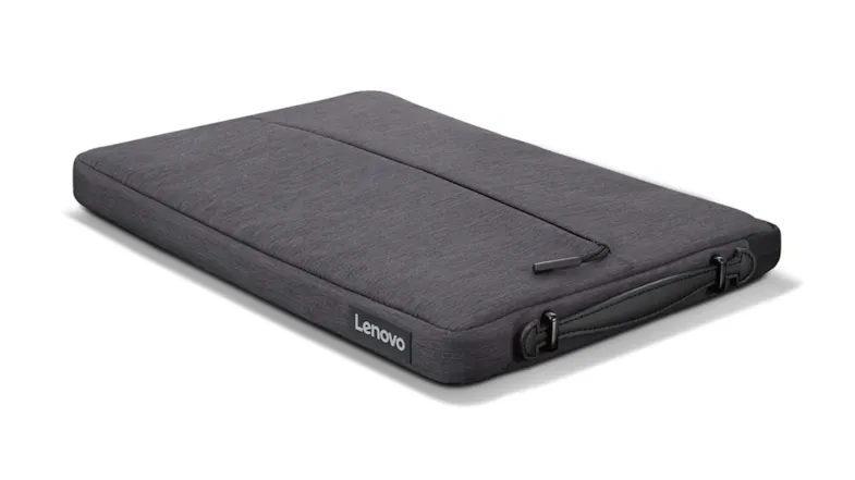 Angled view of a charcoal grey Lenovo laptop sleeve with a front pocket, zipper closure, and carrying handles Angled view of a charcoal grey Lenovo laptop sleeve with a front pocket, zipper closure, and carrying handles