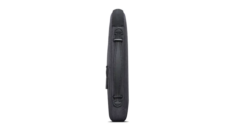 Side view of a charcoal grey laptop sleeve showing a padded carry handle and slim profile Side view of a charcoal grey laptop sleeve showing a padded carry handle and slim profile