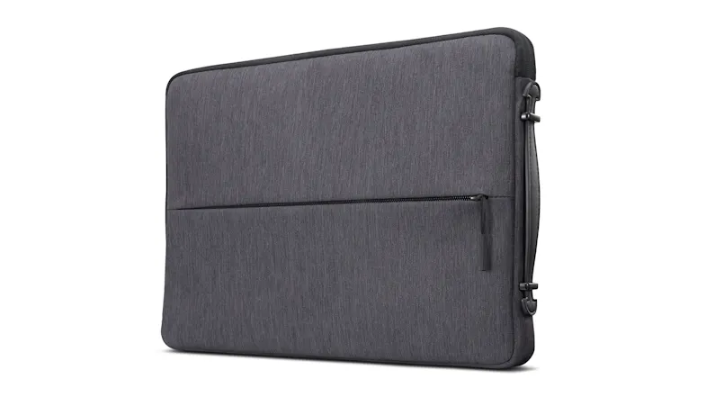 Charcoal grey laptop sleeve with a front zippered pocket and attachment loops for a shoulder strap Charcoal grey laptop sleeve with a front zippered pocket and attachment loops for a shoulder strap