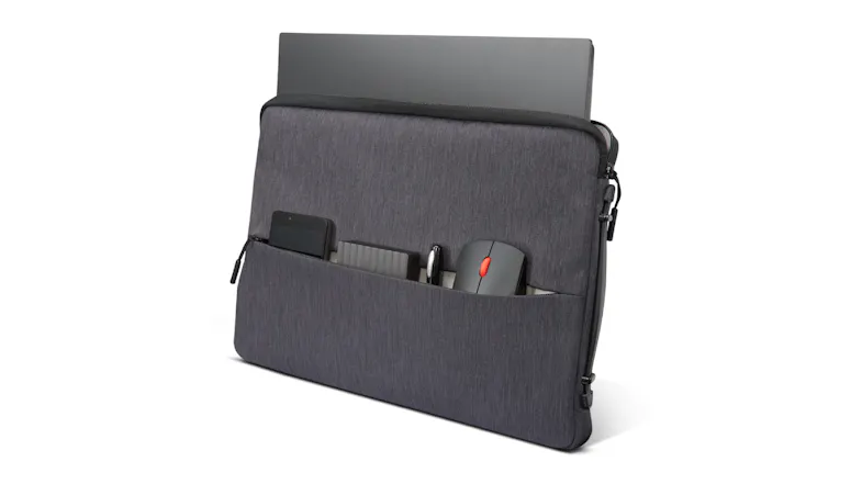 Charcoal grey laptop sleeve holding a laptop, phone, external drive, pen, and mouse in the front storage pocket Charcoal grey laptop sleeve holding a laptop, phone, external drive, pen, and mouse in the front storage pocket
