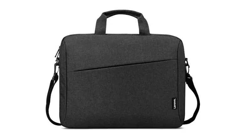 Front view of a black Lenovo laptop briefcase with top handles, a shoulder strap, and an angled front pocket Front view of a black Lenovo laptop briefcase with top handles, a shoulder strap, and an angled front pocket
