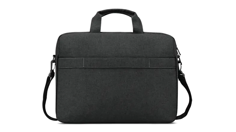 Back view of a black Lenovo laptop briefcase showing a rear luggage strap, top handles, and a shoulder strap Back view of a black Lenovo laptop briefcase showing a rear luggage strap, top handles, and a shoulder strap