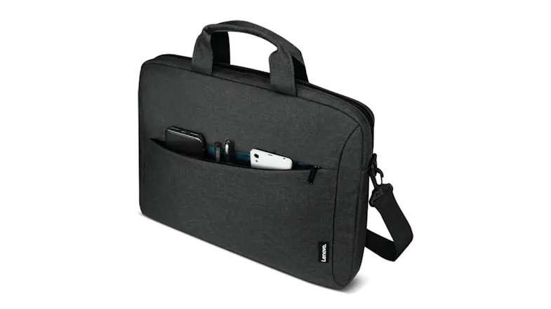 Angled view of a black Lenovo laptop briefcase with a front pocket holding phones and pens. Angled view of a black Lenovo laptop briefcase with a front pocket holding phones and pens.