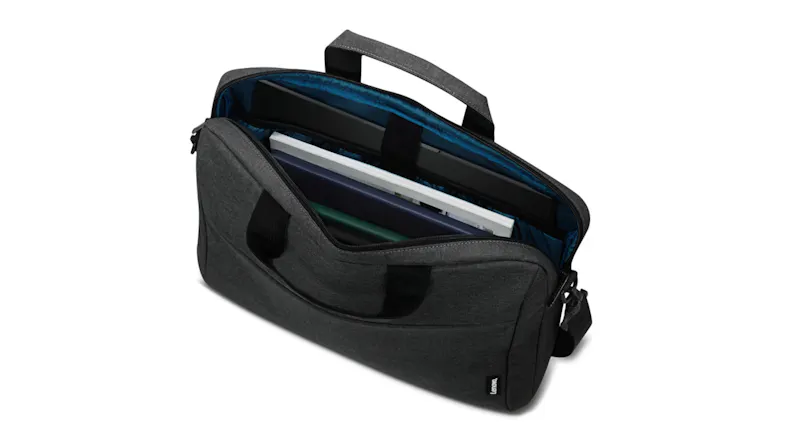 Open black Lenovo laptop briefcase showing a padded compartment with a laptop, notebook, and documents inside Open black Lenovo laptop briefcase showing a padded compartment with a laptop, notebook, and documents inside