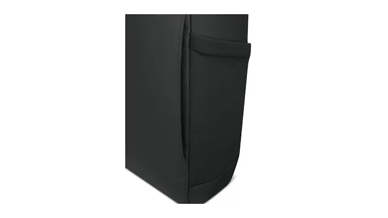 Close-up of black Lenovo gaming backpack side pocket and reinforced bottom panel Close-up of black Lenovo gaming backpack side pocket and reinforced bottom panel