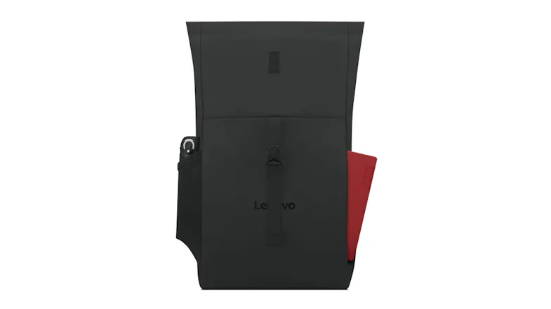 Back view of Lenovo gaming backpack showing water bottle holder and red laptop sleeve inside Back view of Lenovo gaming backpack showing water bottle holder and red laptop sleeve inside
