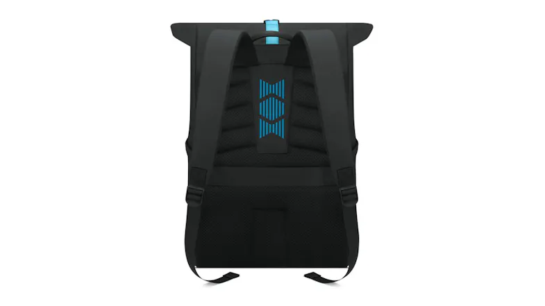 Padded back panel of Lenovo gaming backpack with breathable mesh straps and blue accent stripe Padded back panel of Lenovo gaming backpack with breathable mesh straps and blue accent stripe