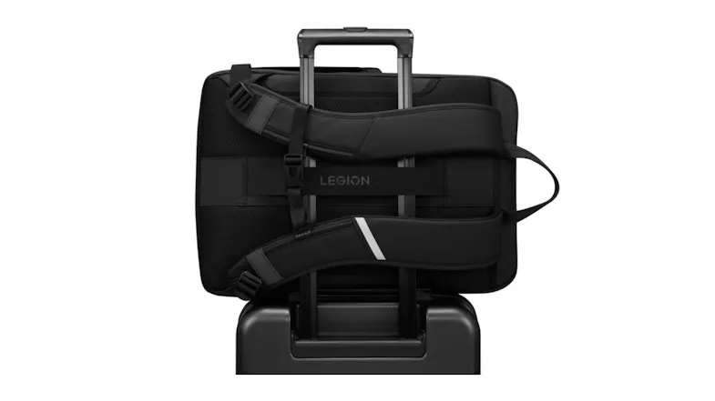 Backpack trolley strap feature securing Legion bag to suitcase handle Backpack trolley strap feature securing Legion bag to suitcase handle