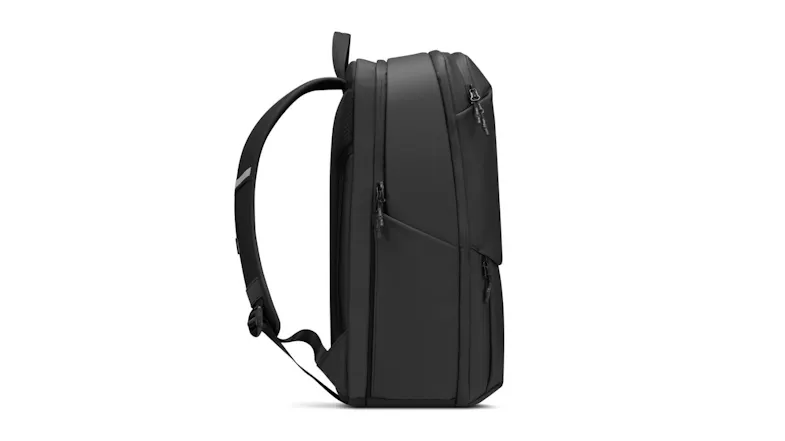 Side view of the Lenovo Legion rucksack showing padded straps and zippers Side view of the Lenovo Legion rucksack showing padded straps and zippers
