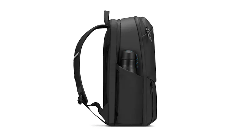 Angled view of a black Lenovo rucksack with a water bottle and mesh pocket Angled view of a black Lenovo rucksack with a water bottle and mesh pocket