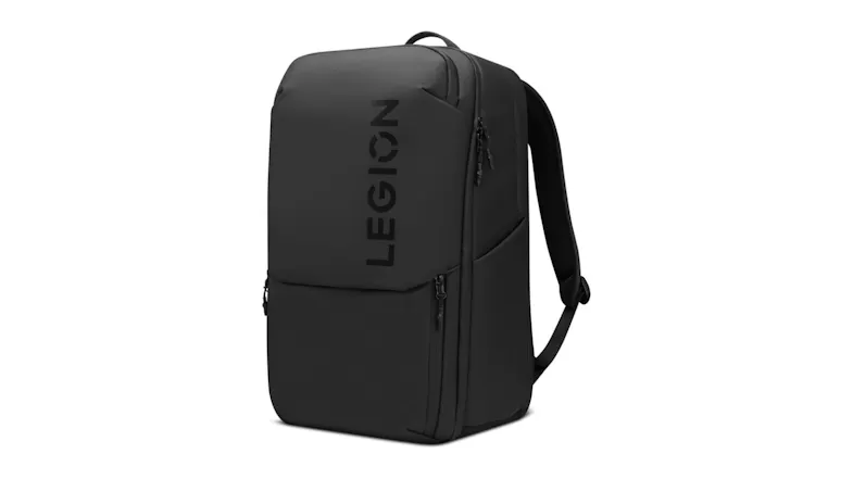 Side profile view of the Lenovo Legion black rucksack showing straps and logo Side profile view of the Lenovo Legion black rucksack showing straps and logo