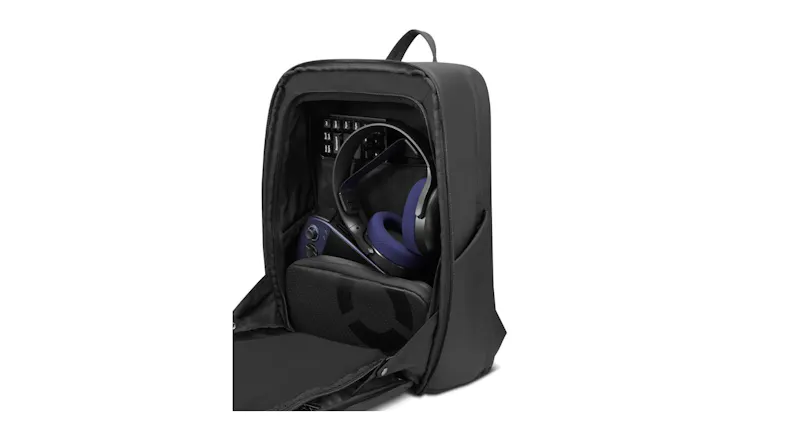 Interior view of a black rucksack with headset, controller, and gaming gear storage Interior view of a black rucksack with headset, controller, and gaming gear storage
