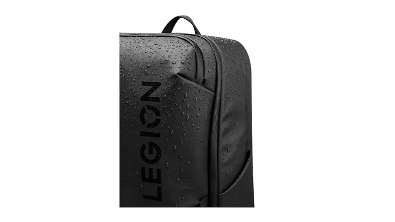Water droplets on Legion gaming rucksack demonstrating weatherproof material Water droplets on Legion gaming rucksack demonstrating weatherproof material