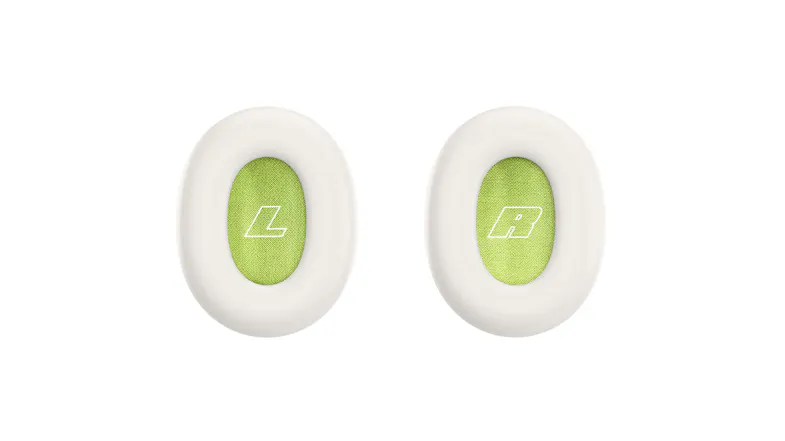 Pair of ear cushions showing bright L and R printed text Pair of ear cushions showing bright L and R printed text