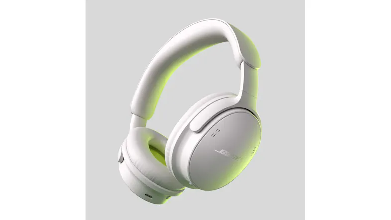 A floating white headphones highlighting soft green ambient lighting A floating white headphones highlighting soft green ambient lighting
