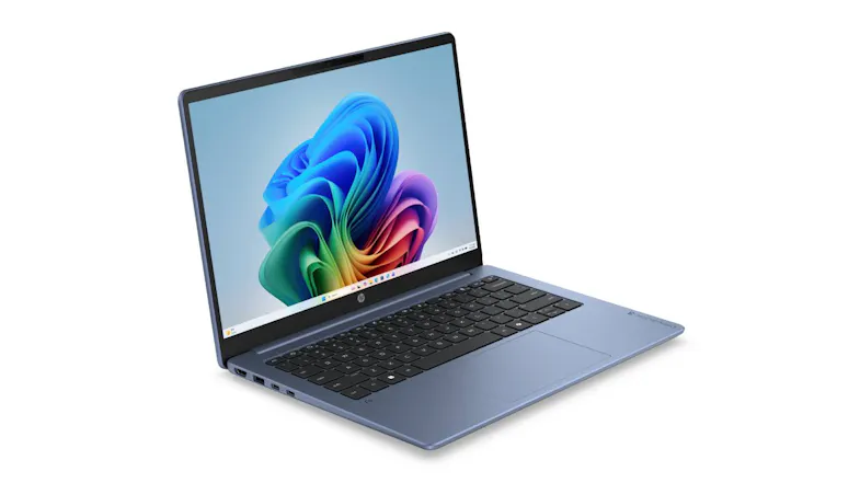 HP OmniBook laptop in Starlit blue viewed from the front-left angle, highlighting the slim profile HP OmniBook laptop in Starlit blue viewed from the front-left angle, highlighting the slim profile