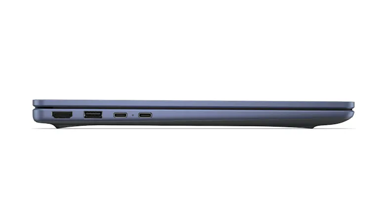 Left-side profile view of the laptop, displaying the slim design and multiple connectivity ports Left-side profile view of the laptop, displaying the slim design and multiple connectivity ports
