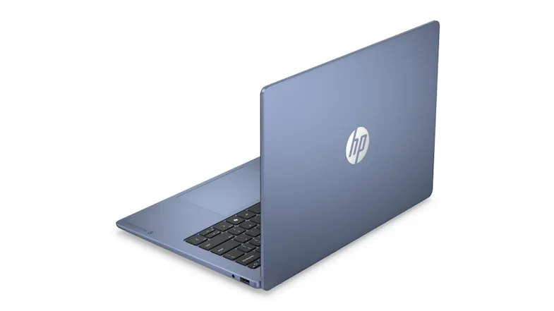 Rear angled view of the HP OmniBook laptop in Starlit blue, showing the HP logo on the lid Rear angled view of the HP OmniBook laptop in Starlit blue, showing the HP logo on the lid