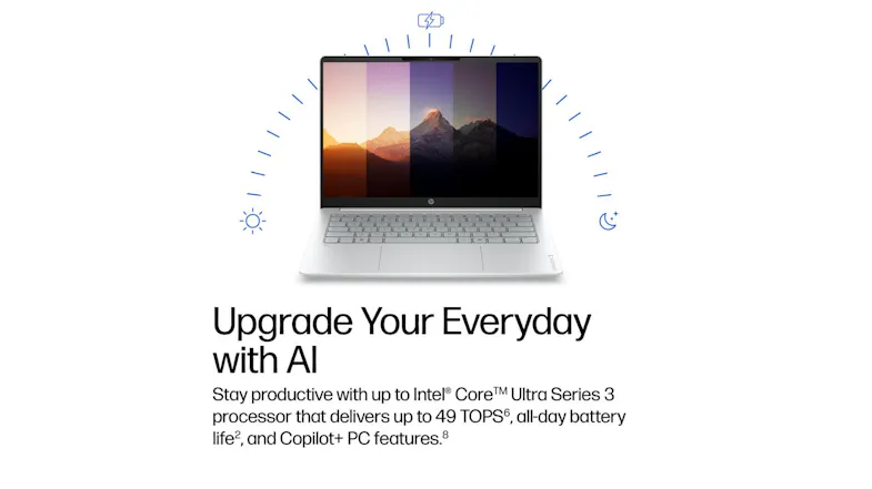 Promotional graphic for the HP OmniBook 3 14-inch laptop, highlighting AI-powered features Promotional graphic for the HP OmniBook 3 14-inch laptop, highlighting AI-powered features