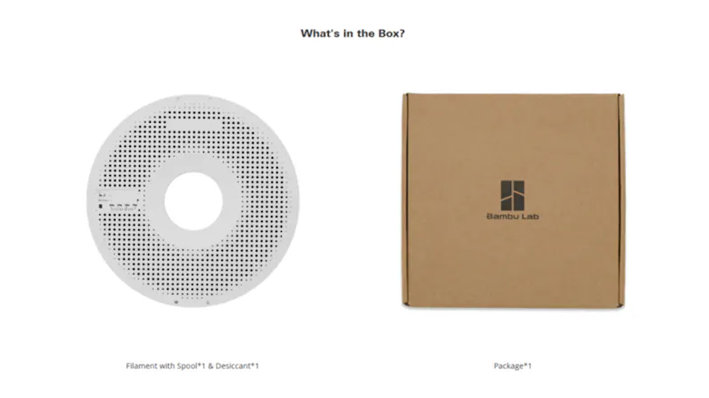 What's in the Box diagram with Bambu Lab filament spool, desiccant, and cardboard box What's in the Box diagram with Bambu Lab filament spool, desiccant, and cardboard box