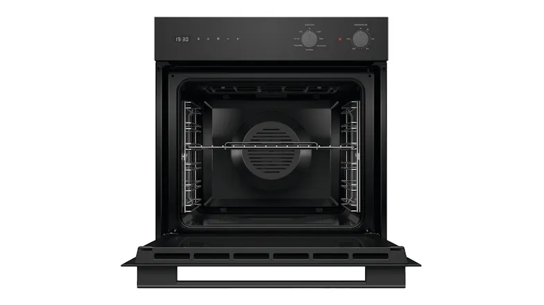 Open Fisher & Paykel built-in oven showing spacious interior and adjustable wire racks Open Fisher & Paykel built-in oven showing spacious interior and adjustable wire racks
