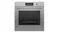 Front-facing view of a brushed silver glass Fisher & Paykel wall oven with a digital display screen Front-facing view of a brushed silver glass Fisher & Paykel wall oven with a digital display screen