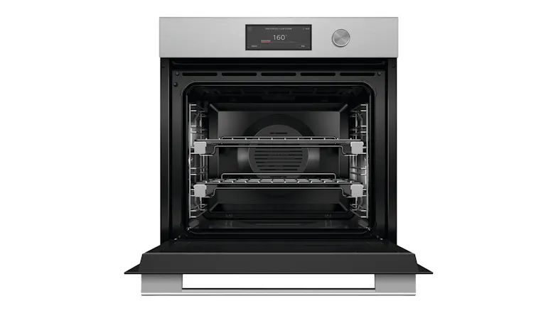 Front view of a brushed silver Fisher & Paykel wall oven with its door open, revealing the interior racks Front view of a brushed silver Fisher & Paykel wall oven with its door open, revealing the interior racks
