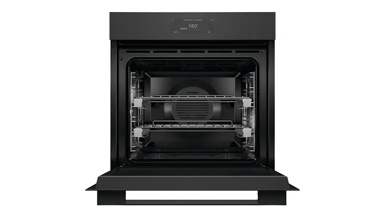 black glass Fisher & Paykel wall oven with its door open, showing two empty chrome wire racks inside black glass Fisher & Paykel wall oven with its door open, showing two empty chrome wire racks inside