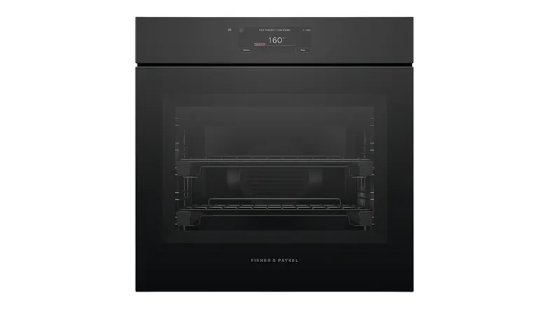 A black Fisher & Paykel Series 11 60cm Built-In Smart Steam Oven with a digital touchscreen showing a temperature of 160 degrees A black Fisher & Paykel Series 11 60cm Built-In Smart Steam Oven with a digital touchscreen showing a temperature of 160 degrees