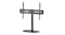 Angled view of a black tabletop TV stand mount with adjustable VESA bracket and oval glass base Angled view of a black tabletop TV stand mount with adjustable VESA bracket and oval glass base