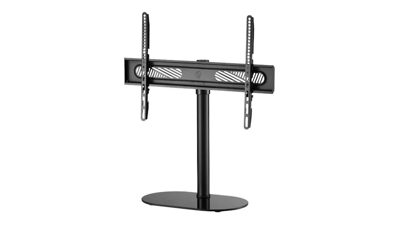 Angled view of a black tabletop TV stand mount with adjustable VESA bracket and oval glass base Angled view of a black tabletop TV stand mount with adjustable VESA bracket and oval glass base