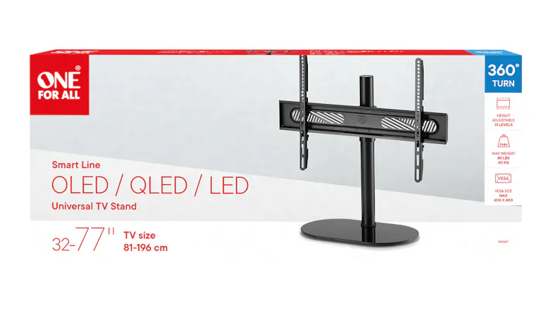 One For All Smart Line WM2671 tabletop TV stand packaging with product features One For All Smart Line WM2671 tabletop TV stand packaging with product features
