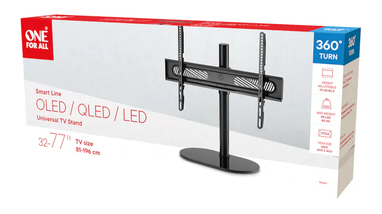 Side profile of the One For All TV stand box showing 360° turn and weight capacity icons Side profile of the One For All TV stand box showing 360° turn and weight capacity icons
